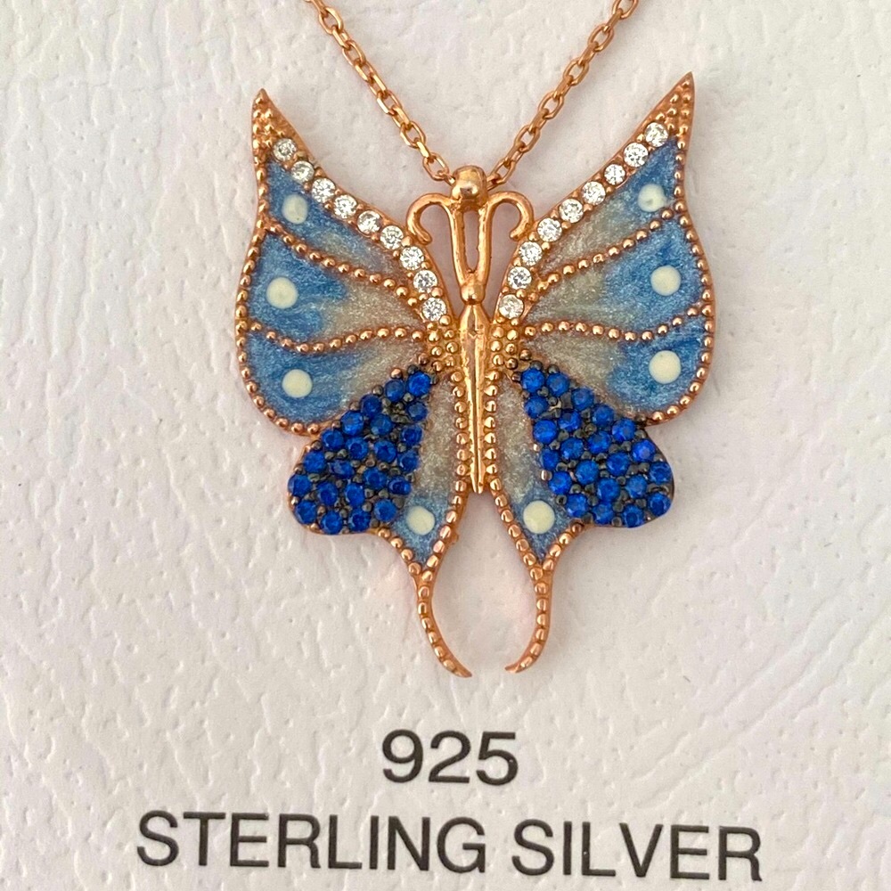 925 Silver butterfly necklace blue cz 14k rose gold plated